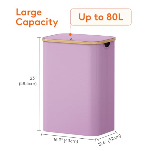 Lifewit 80L Laundry Basket with Lid, Clothes Hampers for Laundry with Bamboo Handles and 1 Removable Bag, Large Foldable Laundry Hamper for Bedroom, Bathroom, Dorm, Laundry Room, Purple - color: Purple, size: 80L