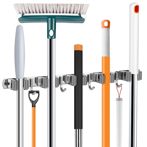 UNIFUN Broom Holder Wall Mount, Broom Organizer Wall Mount Stainless Steel Broom and Mop Hanger Heavy Duty Storage Organization for Home Kitchen Garden Garage Room 5 Racks 4 Hooks (1Pack)(Grey Racks) - color: Grey Racks