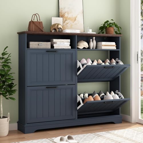 Shoe Storage Cabinet with 4 Flip Drawers, Farmhouse Modern Hidden Shoes Rack Cabinet with Adjustable Shelves & Open Storage, Narrow Slim Shoe Organizer for Front Door Entrance, Entryway, Navy Blue - color: Navy Blue, size: 4-Drawers