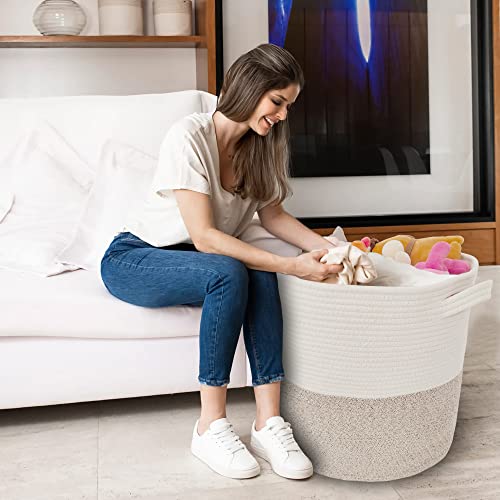 Large Storage Basket with Lid 60L, 16"Wx18"H Woven Laundry Hamper Basket with Handle, Room Decor Cotton Rope Wicker Basket Toy Organizer Bins for Clothes Blankets Pillows, Beige/White Mix includes Lid - color: Beige/White Mix-16"Wx18"H