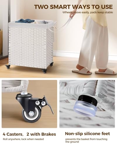 Greenstell Laundry Hamper with Wheels, No Install Needed, 110L Divided Handwoven Hampers & 2 Removable Liner Bags, Rattan Clothes Laundry Basket with Lid & Handles, Foldable Hampers White - color: White, size: 110L: 22.0x13.5x26.4 Inches