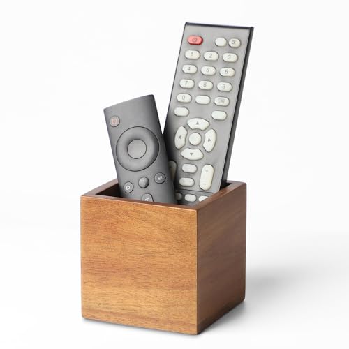 LBEMEY Remote Control Holder Caddy, Farmhouse Acacia Wood TV Remote Holder, Vintage Desk Caddy, Remote Organizer for Table (Brown - for 2 or 3 Remote Controls)