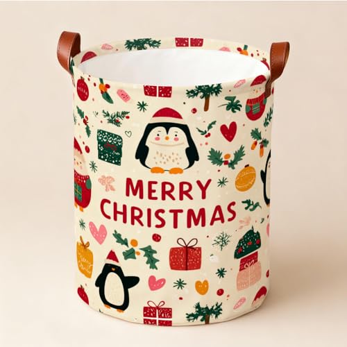 Laundry Basket 15.75 x 15.75 x 19.7 Inch Fabric Christmas Penguin Design Foldable Laundry Hamper with Handles Dirty Clothes Storage for Bedroom Nursery Bathroom Dorm Laundry Room and Holiday Décor - color: Colorful594