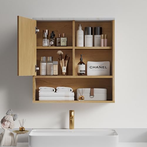 Bathroom Cabinet Wall Mounted Fluted, Modern Medicine Cabinet Over The Toilet Storage Cabinet Faux Marble Top with Adjustable Shelf, Wood Wall Mounted Storage Cabinet Organizer(Oak, Medium) - color: Oak, size: Medium