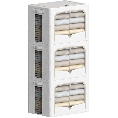 FHSQX 3 Pack Clothes Storage Bins Foldable Metal Frame Storage Box Stackable Linen Fabric Container Organizer Set with Carrying Handles and Clear Window (Cream White, 15.7x11.8x11.8inch(36L)) - color: Cream White, size: 15.7x11.8x11.8inch(36L)