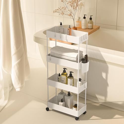 Pipishell Slim Storage Cart with Wheels, 4 Tier Bathroom Storage Organizer Rolling Utility Cart for Bathroom Kitchen Laundry Room Office Narrow Place (White) - color: White, size: 4-Tier
