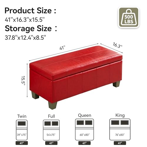 WUTUTUEE 41" Faux Leather Storage Ottoman, Stitch Tufted Rectangle Upholstered End of Bed Storage Bench, Entryway Large Couch Ottoman with Wooden Legs,Red - color: Red, size: 41 Inch