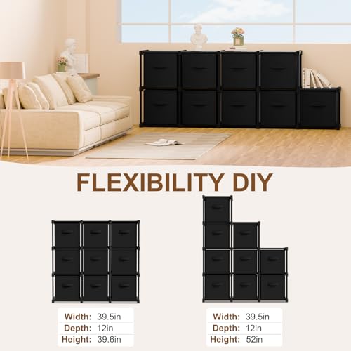 Briwooody 9 Cube Storage Organizer Bins with Shelf 11'' Toy Storage Box Back to School Dorm Organizers Fabric Unit for Playroom Book (Black) - color: Black