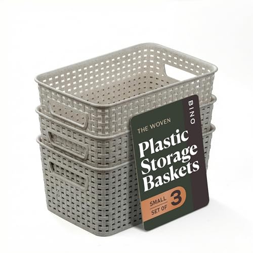 BINO | Plastic Storage Baskets, 5.5 Liter - 3 Pack, Natural Grey | THE WOVEN COLLECTION | Storage Basket for Shelves | Woven Storage Baskets for Organizing Bins Pantry Shelf Organizer | Container Bin - color: Natural Grey, size: 5.5L | 3-Pack