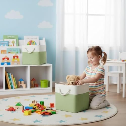 Cube Storage Bins, Collapsible Fabric Storage Cubes Bins, 11 Inch Cube Storage Bins with Handles, Foldable Storage Cubes (White/Green, 6Pack) - color: white green