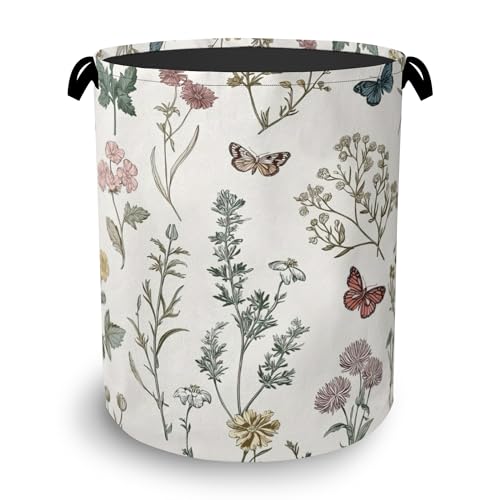 Wildflowers Butterfly Laundry Basket,Herb Plants Oxford Cloth Laundry Hamper with Handle Foldable Portable Clothes Storage Basket for Bathroom Bedroom Dorm Room 16" x 20.8" - color: Wildflowers Butterfly Herb Plants