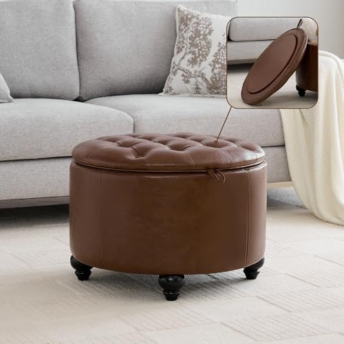 WUTUTUEE 24Inch Round Storage Ottoman with Tray, Modern Tufted Leather Circle Coffee Table with Storage, Upholstered Ottoman with Removable Top for Living Room, Bedroom, Leather Coffee - color: Leather Coffee, size: 24 Inch