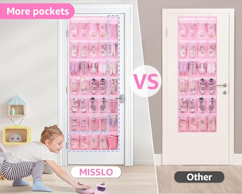 MISSLO 35 Large Pockets Over The Door Shoe Organizer Sturdy Oxford Fabric Hanging Shoe Rack for Door Mesh Closet Shoe Holder Hanger, Pink - color: Pink, size: 24.5x68.5
