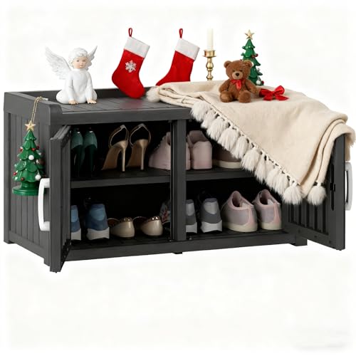 KAMABOKO Outdoor Shoe Storage Cabinet, Waterproof UV-Resistant Entryway Storage Bench Indoor Outdoor with 2 Barn Doors, Adjustable Shelves for Entryway, Bedroom, Hallway,Living Room(Jet Black) - color: Jet Black, size: Double Door