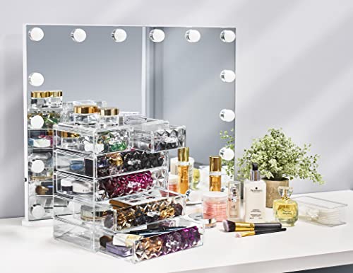 Sorbus Acrylic Makeup Organizer Set, 6-Drawer Vanity & Countertop Cosmetic Storage with Small & Wide Drawers, Diamond Makeup Storage for Brushes, Lipsticks, Jewelry – Holiday Gift for Women & Teens - color: Diamond, style: 4 Large, 2 Small Drawers