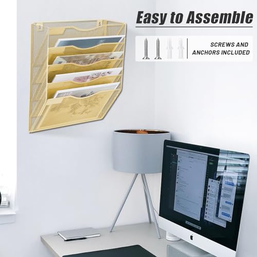 EASEPRES 5 Pocket Mesh Hanging Wall File Organizer, Wall Mounted Mail Paper Document Folder Holder, Clipboard Storage Organization Magazine Rack with Nametag Label for Office Home School, Gold - color: Gold, size: 5 Tier