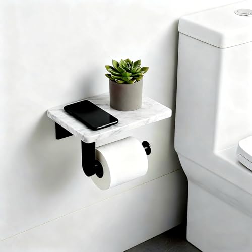 Toilet Paper Holder with Natural Marble Shelf for Bathroom Washroom,Wall Mounted Tissue Holder Suitable for Mega Roll (Small 6.7 * 4.3 in Matte Black) - color: Matte Black, size: Small 6.7 * 4.3 in