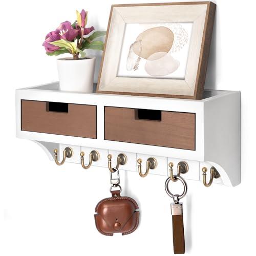 Rebee Vision Key Holder Wall Mount with 2 Drawer Organizer: Decorative 2-Color Mail Organizer for Wall with 6 Hooks - Farmhouse Home Organization for House Decor (White & Retro Brown) - color: White & Brown, style: 2-Drawer