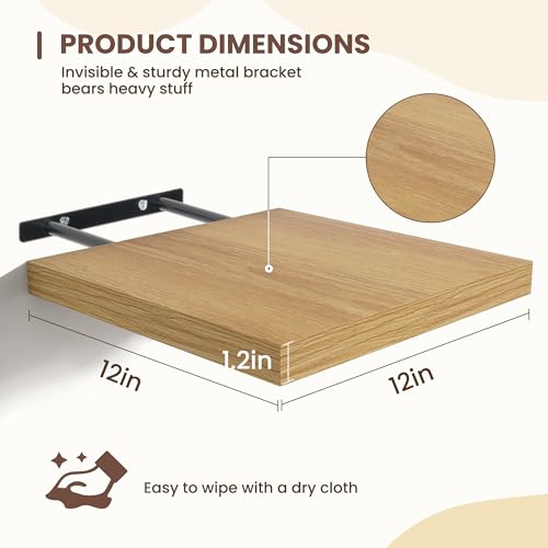 Fun Memories Square Floating Shelves for Wall - 12 Inch Deep Floating Shelves with Invisible Brackets, Oak Small Wall Shelf for Living Room, Bathroom, Bedroom, and Kitchen Decor Set of 4 - color: Oak, size: 12"W x12"D - 4P