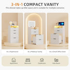 Gurexl Small Fluted Vanity Desk with Mirror and Lights, 3-in-1 Compact Makeup Vanity Set with Hidden Storage Stool, Mini Dressing Table with 3 Drawers, for Girls (White) - color: White-led