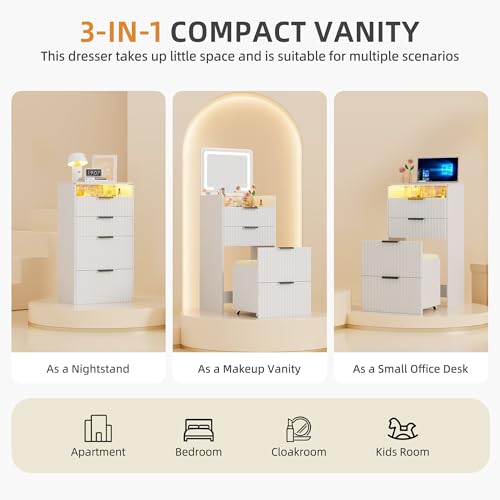 Gurexl Fluted Small Vanity Desk with Mirror and Lights, 3-in-1 Compact Makeup Vanity Set with Hidden Storage Stool, Mini Dressing Table with 3 Drawers for Little Girls, (Cream White) - color: Cream White