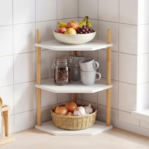 3-Tier Expandable Bamboo Corner Shelf - Dish/Plate Organizer for Cabinet, Kitchen Counter Shelf & Small Kitchen Shelf, Adjustable (White, 1-Pc 6.70" H) - color: 6.7"H-White-3