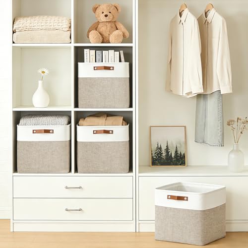 Bagnizer 13x13 Cube Storage Bins, Collapsible Fabric Storage Box, 4 Pack Closet Baskets with Handles for Organizing, Shelf, Toys, Clothes, Home, Office, Nursery (Beige&White) - color: Beige / Off-White, size: Cube - 13"x13"x13"