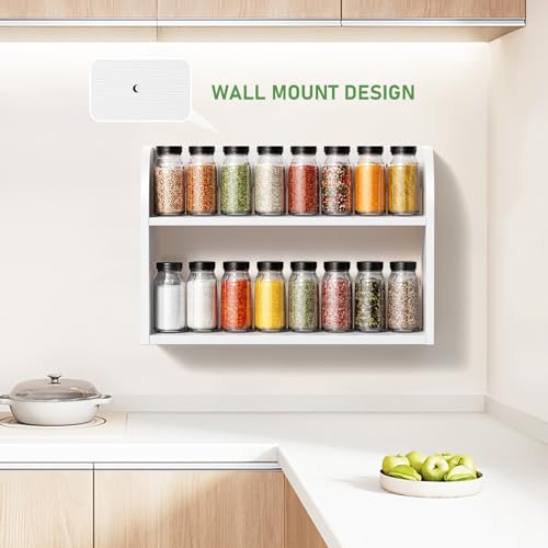 ROMGUAR CRAFT 2 Tier Bamboo Spice Rack, Countertop or Wall Mounting Wood Spice Jars Organizer Shelf for Kitche, Pantry (White) - color: White, size: 2 Tier