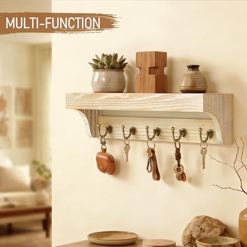 Rebee Vision Farmhouse Pine Wood Key Holder Wall Mount for Room Decor - Rustic Key Holder for Wall with Shelf for Small Plant and Cute Things - Ideal Entryway Organizer in House (Natural Wood) - color: Natural Wood