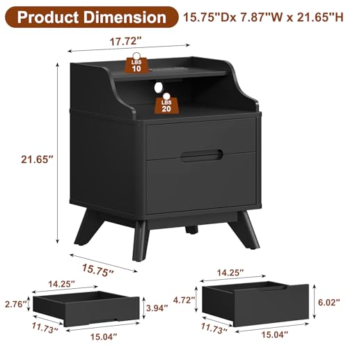Black Night Stand with Charging Station, 21" Nightstand with Drawer/Open Shelves, Modern Nightstand w/2 Storage Drawers for Bedroom, Wood Bed Side Table End Table Bedside Table for Dorm, Home Office - color: Black, size: 15.8"D x 17.7"W x 21.7"H (2 Drawer
