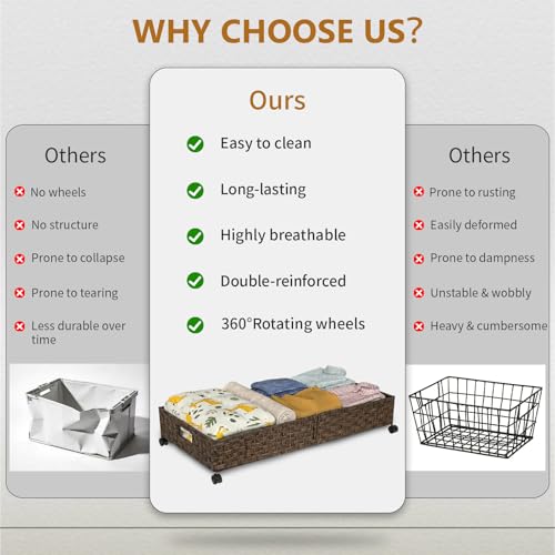 2 Pack Under Bed Storage with Wheels, 40L Large Under Bed Storage Containers with Handwoven Rattan , Rolling Underbed Organizer Bins Drawers for Clothes, Shoes, Blankets, Brown(31.5 x 15.75 x 6.3 In) - style: 2 Pack(A-Brown)