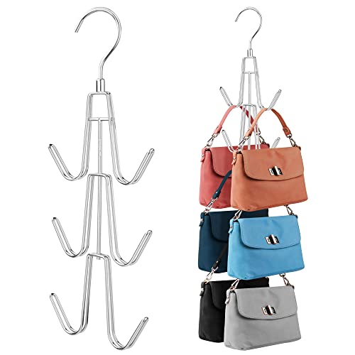 ZEDODIER 2 Pack Purse Organizer for Closet, Heavy-Duty Hanging Purse Hanger Closet Holds Up to 12 Purses, Metal Rotating Space Saving Bag Holder Handbag Storage Hook Backpack Rack, Silver - color: Silver, size: 2 Pack