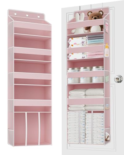 TAHAVICE 1 PC Pink Over the Door Organizer with 1 Large Capacity Caddy, 4 Shelf & 10 Mesh Side Pockets, Pink Stuff Hanging Storage and Girl Essentials Closet Organizer for Cute Room, Bedroom - color: Pink