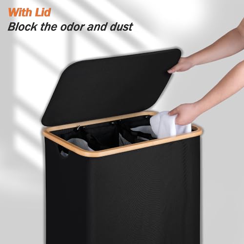 efluky Laundry Hamper with Lid, Trio Laundry Hamper with 3 Removable Bags, 3 Section Laundry Basket with Bamboo Handles for Bathroom, Bedroom & Laundry Room, 160L Black - color: Black, size: 160L Trio