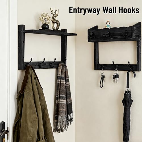 28" Coat Rack Wall Mount with Shelf, Entryway Key Holder Wall Mount Wood Wall Coat Hooks with 7 Hooks 3 Key Hanger, Wall Mounted Coat Rack Mail Holder for Living Room, Bedroom - color: Black, size: 28 inch