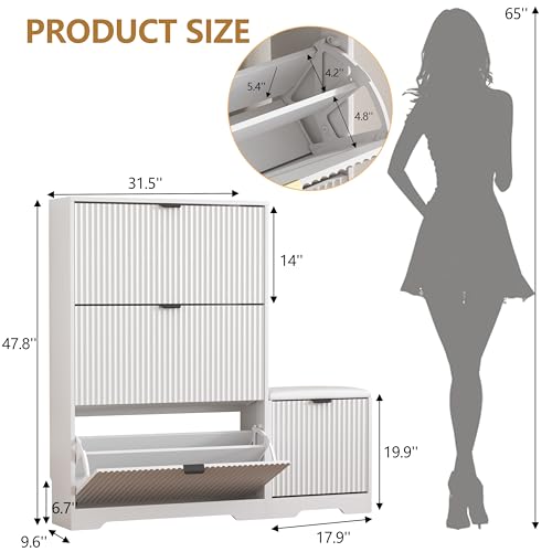 HUANLEGO Shoe Cabinet Storage for Entryway with 4 Flip Drawers, White Fluted Shoe Cabinet with Bench, Wooden Hidden Shoe Rack Freestanding Narrow Slim Shoes Storage Organizer for Hallway, Entrance - color: White, size: 4 Drawer with Bench