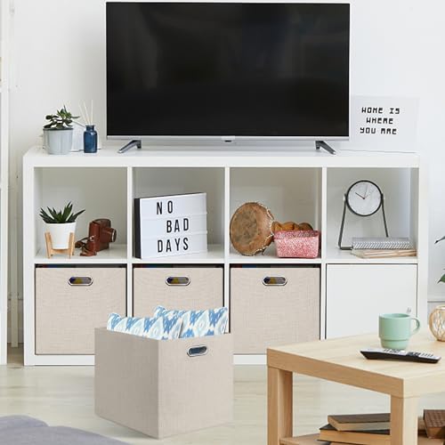 Posprica 13x15x13in Collapsible Storage Bins, Fabric Foldable Cube Storage Boxes, Decorative Storage Baskets Organizer for IKEA Kallax, Shelves, Closet, Clothes, Toy, Set of 4-Beige - color: Beige