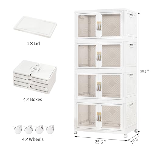 UAMFURI Stackable Storage Bins with Lids, Clear Doors, Large Storage Cabinet Foldable Collapsible Closet Organizers for Bedroom Dorm Office (4, White, 120, Quarts)