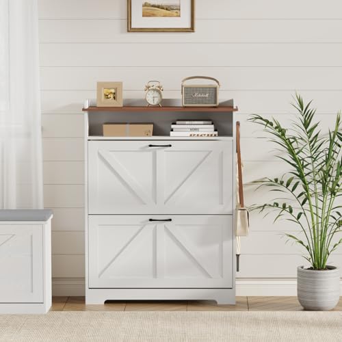 Shoe Cabinet Organizer with 2 Flip Drawers, Farmhouse Narrow Shoe Cabinet with 2 Adjustable Shelves & 2 Hooks, Shoe cabinet storage for entryway, Foyer, Hallway, White, 31.5"W x 8.7"D x 41.7"H - color: White + Brown, size: 2 Drawers with Shelf