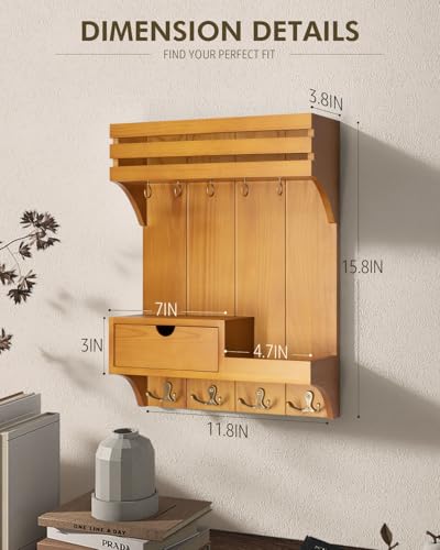 Rebee Vision Farmhouse Key Holder Wall Mount with Mini Drawer Organizer – Mail Organizer with 9 Key Hooks – Ideal Home Decor for Entryway, Hallway, and Bedroom (Light Brown) - color: Light Brown, style: Small Drawer