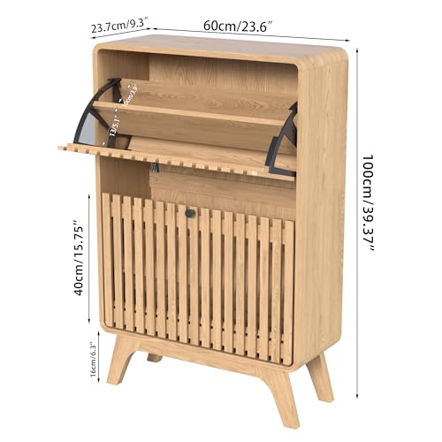 Jluomei Narrow Shoe Cabinet Storage for Entryway, Modern Cabinet Rack with 2 Flip Drawers, Slim Wood Fluted Entry Way Shoe Organizer, Wooden, Small, Farmhouse, Freestanding, Natural Oak (39.4 Inch) - color: Natural