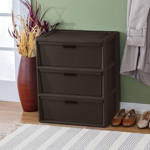 Brown Storage Drawer, 3 Drawer Plastic Weave Wide Tower with Pull Handles - color: Dark brown