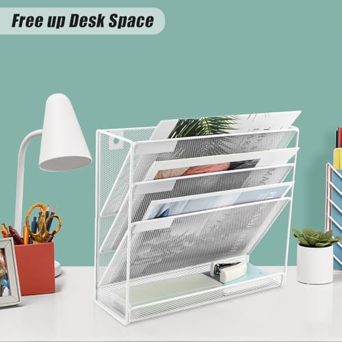 EASEPRES Desk File Organizer Mesh 4-Tier, Hanging Wall Mount Document Organization Stand, Desktop Vertical Mail Paper Folder Holder Rack with Bottom Tray for Office Home Cubicle Countertop, White - color: White, size: 4 Tier