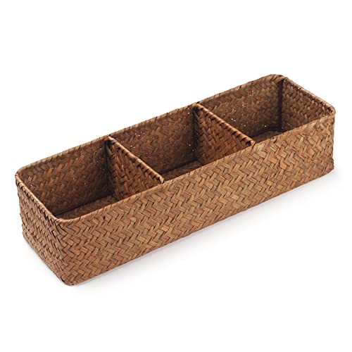 Seagrass Storage Basket 3 Sections Woven Shelf Baskets with Compartment (Natural, 14.6inch x 4.7inch x 3.1inch) - color: Natural 3 Sections without Lid
