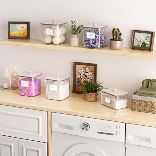 Laundry Pods Storage Container, Clear Laundry Room Organization and Storage,Detergent Powder Container,with Wooden Lids & Labels, 3+1 Pack（White） - style: 3+1-White