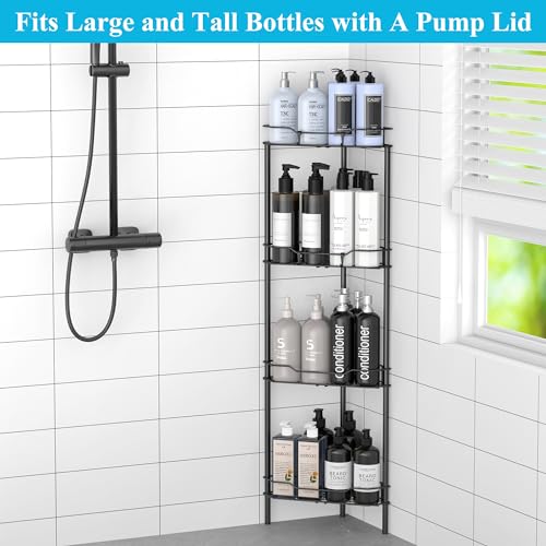 HuggieGems 4 Tier Floor Standing Corner Shower Caddy Organizer Shelf with Hooks, Bathroom Shelves Stand Rack, Black - color: Black, size: 4 Tier
