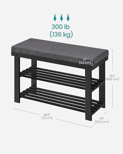 SONGMICS Bamboo Shoe Bench, 3-Tier Shoe Rack Organizer for Entryway, Living Room, Bench Seat Holds Up to 300 lb, 11.9 x 28.3 x 19.2 Inches, Ink Black and Slate Gray ULBS604B01 - color: Ink Black + Slate Gray, size: 28.3"W