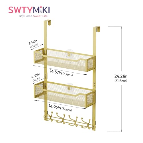 SWTYMIKI Over The Door Hooks Organizer - Multi-Functional Door Hanger with 16 Hooks & 2 Mesh Baskets, Long Coat Rack for Bathroom, Bedroom, Living Room, Home Storage Organizer, Gold - color: Gold