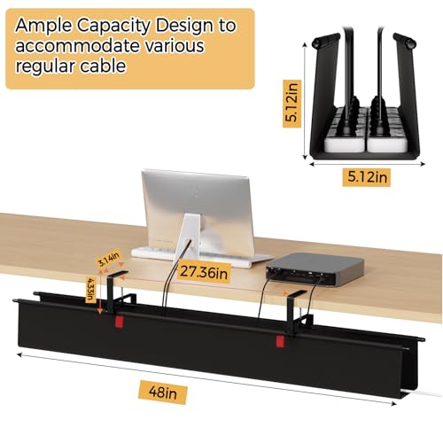 Under Desk Cable Management Tray - 48" Cord Organizer for Desk No Drill, Fabric Under Table Wire Organizer with 16X Cable Ties Hide for Office/Home, Cord Hider Fits Adapters & Sockets, Black - color: Black, size: 48'' L