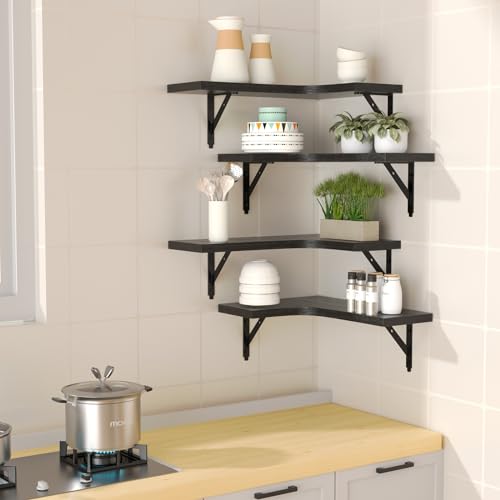 ROMGUAR CRAFT Corner Floating Shelves Wall Mounted Set of 4, Rustic Wood Storage Display Shelves for Home Decor, Bathroom, Kitchen, Bedroom, Living Room, Office (Black) - color: Black